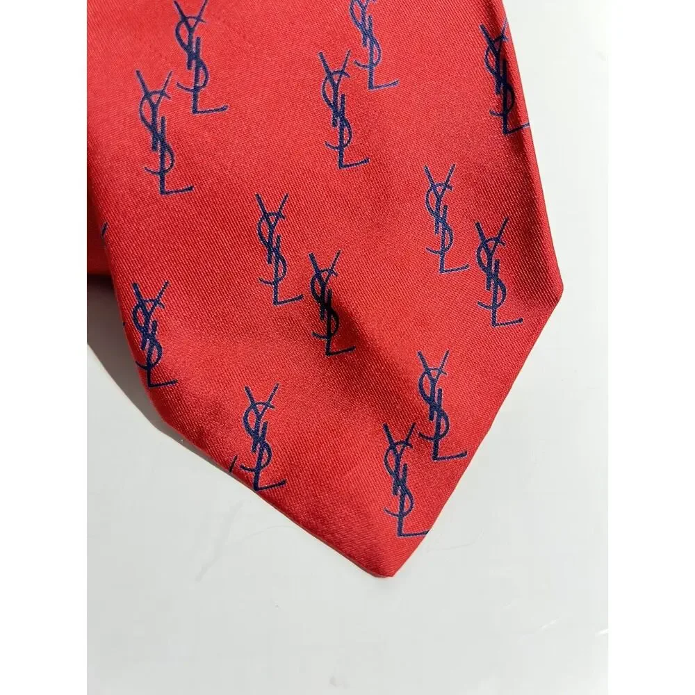 VINTAGE Yves Saint Laurent EUC Red Allover Monogram 100% Silk Tie 56